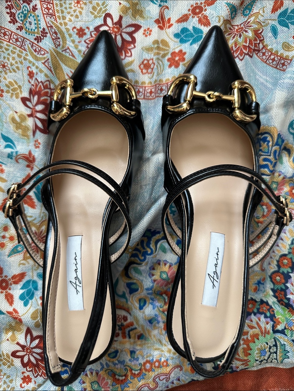 Black Pointed Slingback Heels with Gold Chain Detail